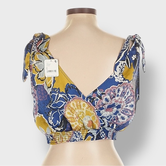 Free People Crop Top Large Blue Gold Weekend In Montauk Floral Smocked NWT - Picture 4 of 14